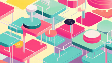 Innovative isometric design of colorful geometric shapes and data flow in cloud system, showcasing vibrant colors and abstract forms that evoke sense of technology and creativity