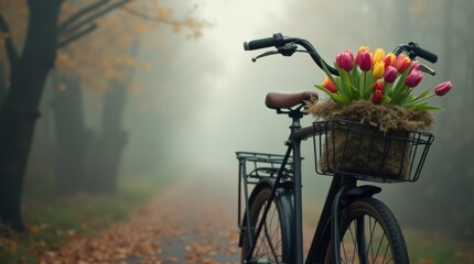 Naklejka premium A shot of a bicycle with tulips in the basket