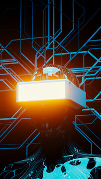 Humanoid in virtual glasses explores augmented reality technology