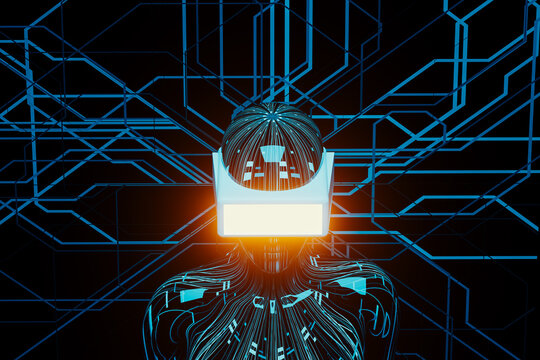 Humanoid in virtual glasses explores augmented reality technology