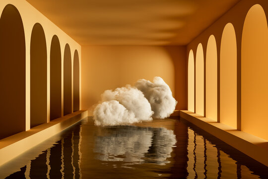 Surreal interior featuring a floating cloud and tranquil pool