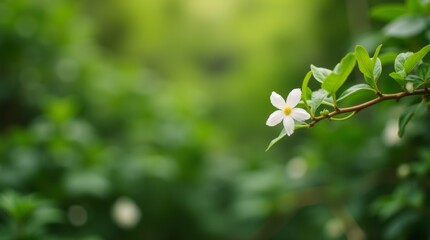 A shot of a jasmine vine, with a blurred background of a lush and green trellis.