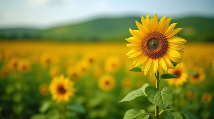 A shot of a sunflower field, with a blurred background of a rolling and green hillside.