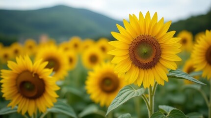 Fototapeta premium A shot of a sunflower field, with a blurred background of a rolling and green hillside.