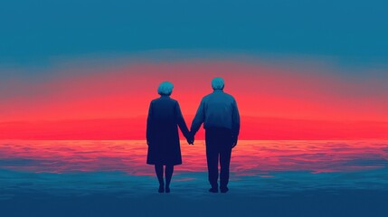 Elderly Couple Holding Hands at Sunset Over Calm Ocean Waters