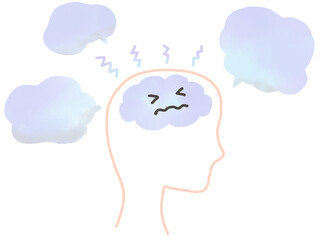 脳疲労や頭痛：疲れた状態の水色の脳と吹き出し