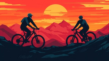 Obraz premium Two Cyclists Riding Mountain Bikes Against a Vibrant Sunset Sky