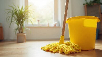 Mop and bucket, yellow mop in a plastic bucket on a wooden floor, in a living room with soft light streaming through a window