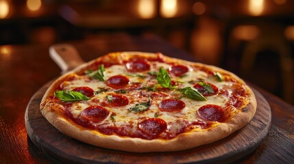 Pepperoni pizza with mozzarella cheese and basil on a wooden board
