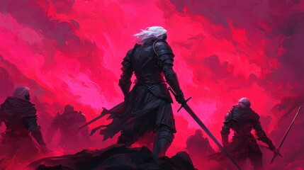 Epic Fantasy Warrior Silhouette Against Red Stormy Sky