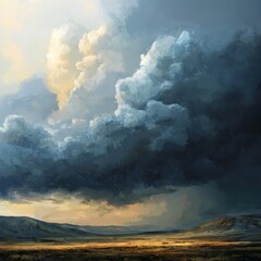 Fototapeta premium Dramatic Sky and Cloudscape Over a Serene Landscape at Dusk with Soft Light and Warm Tones