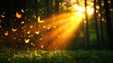 Golden Butterflies in a Sunlit Forest