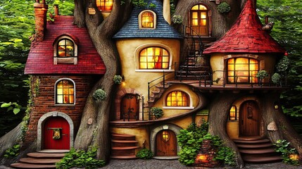 Fototapeta premium Enchanting treetop village, night lights, forest, fantasy illustration, children's book