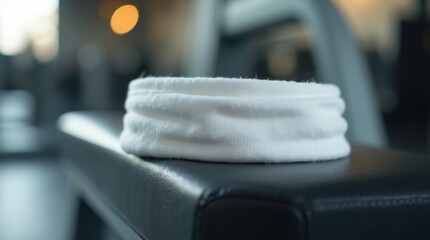 Sweatband, close-up shot of a white cotton sweatband resting on a gym bench, soft natural light, background with blurred gym equipment