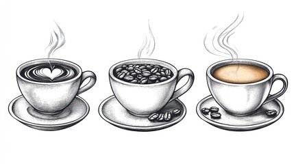 Coffee Art Drawings Creative coffee art drawings featuring cups, beans, and steam, perfect for cafes, coffee shops, and promotional content for coffee enthusiasts.