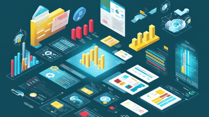 Fototapeta premium Isometric big data visualization with charts, graphs, and analytics tools. This colorful digital illustration showcases various data representations and cloud technology elements