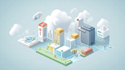Fototapeta premium Isometric cityscape with buildings, clouds, and technology elements, representing big data visualization and cloud technology. modern and vibrant urban environment