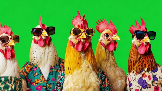 Funky Chickens in Sunglasses: A group of chickens dressed in Hawaiian shirts and sunglasses, exude a carefree and fun-loving attitude.