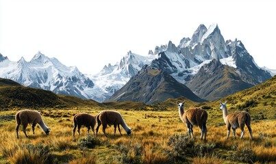 Fototapeta premium Majestic Llamas Grazing in Scenic Mountain Landscape under Bright Sky in Patagonia