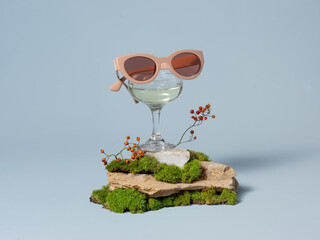 Stylish Pink Sunglasses Resting on Glass With Natural Elements