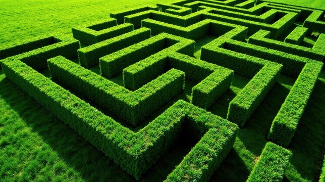 An intricate green hedge maze, a complex labyrinth of verdant pathways winding through neatly trimmed shrubs, presents a visual puzzle of nature's artistry.