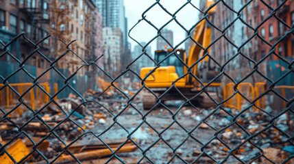 A chain-link fence framing a gritty urban scene with heavy machinery and construction debris in the background