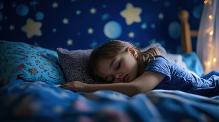 Peaceful Child Sleeping on Soft Bed with Starry Wall Background