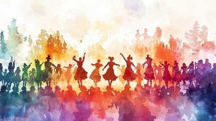 Colorful Silhouette of Dancers Celebrating Against a Vibrant Watercolor Background