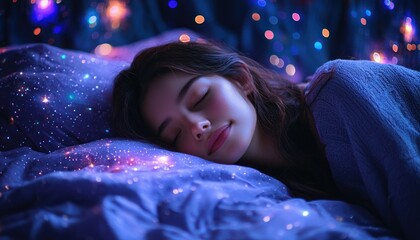 Dreamy Nighttime Scene with Young Woman Sleeping Among Stars