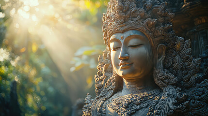 Serene bronze Buddha statue, eyes closed, sunlight through leaves.