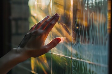 Hand gently touching a sunlit glass window, creating a warm atmosphere.