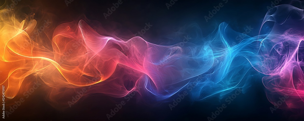 Wall mural fluid dynamic curves in vibrant colors, flowing in a soft holographic gradient on a dark backdrop.