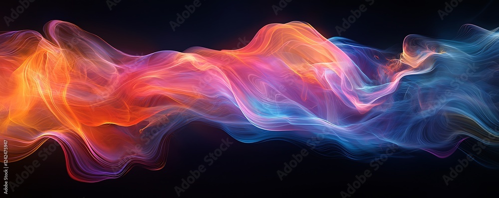 Wall mural fluid dynamic curves in vibrant colors, flowing in a soft holographic gradient on a dark backdrop.
