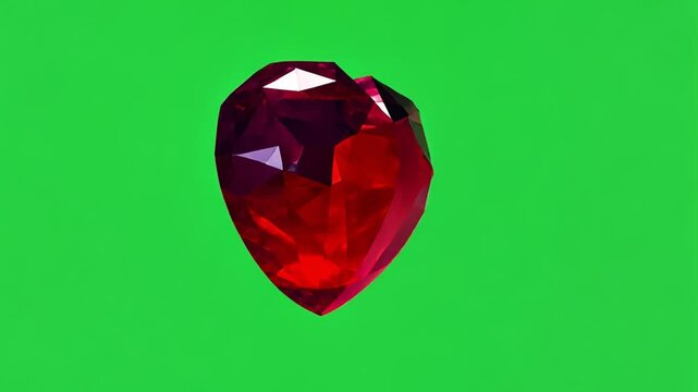 Ruby Heart Gem: A vibrant ruby gemstone, cut into a heart shape,  shimmers with captivating brilliance against a vibrant green screen.  Its intricate facets catch the light.