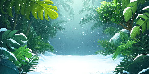 Anime winter forest, snowy background scene, snowfall season, woodland backdrop illustration