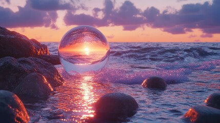 Softly glowing transparent glass globe on reflective stones, amidst glowing ocean waves under an orange-lavender sunset.