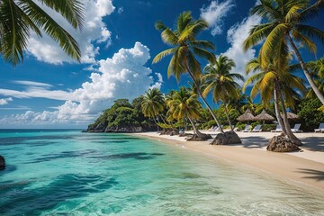 Breathtaking Tropical Beach Scenery with Crystal Clear Waters and Lush Palm Trees