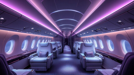 A luxury airplane cabin interior with wide seats, mood lighting, and attentive service staff