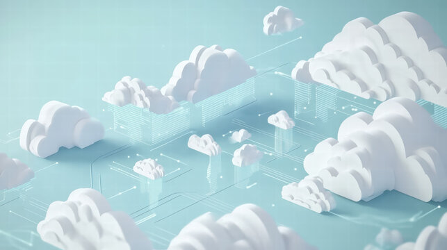 Isometric illustration of data flow in cloud environment, featuring stylized white clouds and digital elements. This conveys sense of modern technology and connectivity