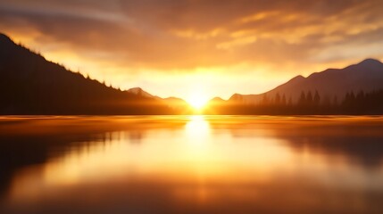Fototapeta premium Golden Sunset Over Calm Mountain Lake