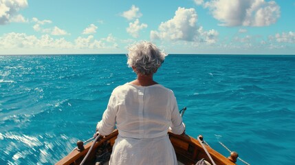 Fototapeta premium Serene Senior Woman Sailing on a Calm Azure Ocean Under Clouds
