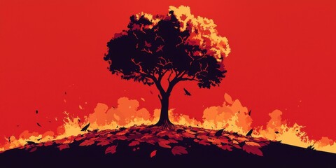 Dramatic forest artwork capturing nature's fury and wildfire impact