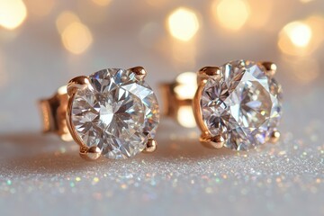 Fototapeta premium Rose gold stud earrings with sparkling diamonds. Perfect for luxury jewelry, fashion, and wedding websites.