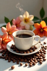 Aromatic coffee steam rises from a white cup, nestled on a saucer amidst a scattering of coffee beans, enhanced by the vibrant hues of nearby blossoms, creating a serene and comforting atmosphere.