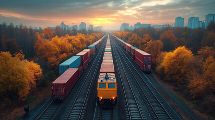 A rail yard bustling with activity, featuring freight trains, tracks, and workers managing logistics