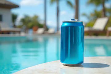 Obraz premium A can of cold drink by the hotel pool. Blue can with drink. Summer vacation at the resort.