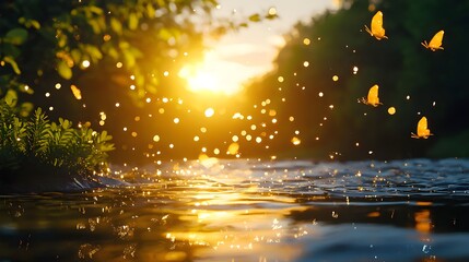 Golden Sunset over Calm River with Butterflies