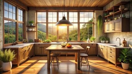 Fototapeta premium A serene kitchen with a warm glow from a lamp, surrounded by rustic wooden furniture and a large window with a beautiful view of nature , natural light, window view