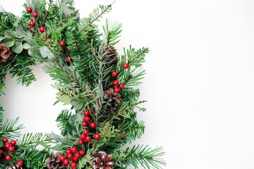 Lush Christmas Wreath Adorned with Greenery, Red Berries, and Pine Cones