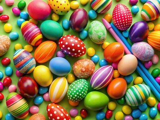 Fototapeta premium Aerial View: Colorful Easter Eggs, Candies & Felt Pens Art Composition